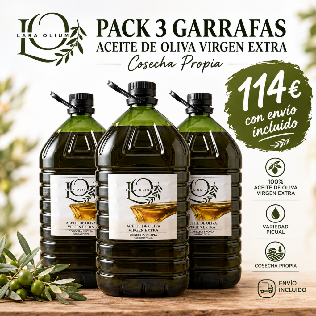 Pack de 3 garrafas de 5 litros de aceite de oliva virgen extra Picual Lara Olium, cosecha propia