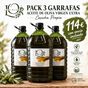 Pack de 3 garrafas de 5 litros de aceite de oliva virgen extra Picual Lara Olium, cosecha propia
